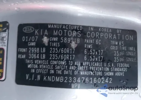 2007 Kia Sedona Ex z USA, uszkodzony, nr VIN KNDMB233476160242
